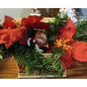 Vintage Flocked Santa Claus Wicker Christmas Faux Floral Arrangement Centerpiece